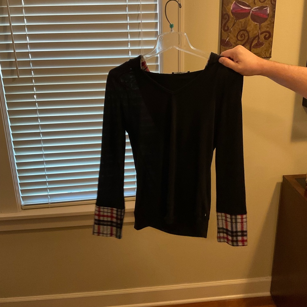 Color Swatch, light weight hooded pull over, Black with plaid, Size: Adult M